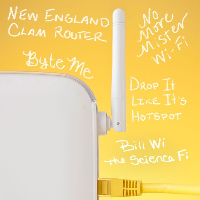 white router on yellow background with funny wi-fi names handwritten around the frame