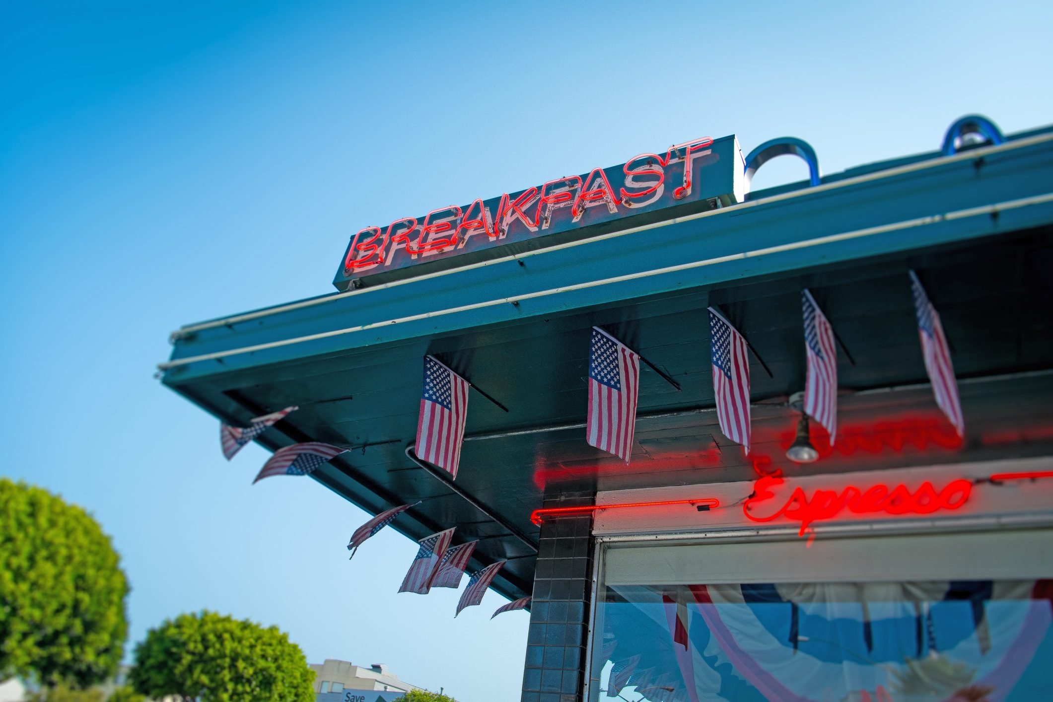Low angle view of breakfast sign on diner, San Francisco, California, USA