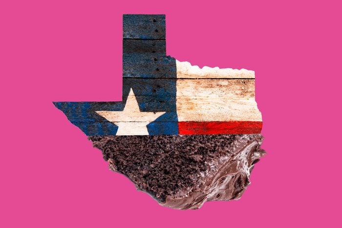 Split Screen Of Texas State Flag And Chocolate Cake Slice
