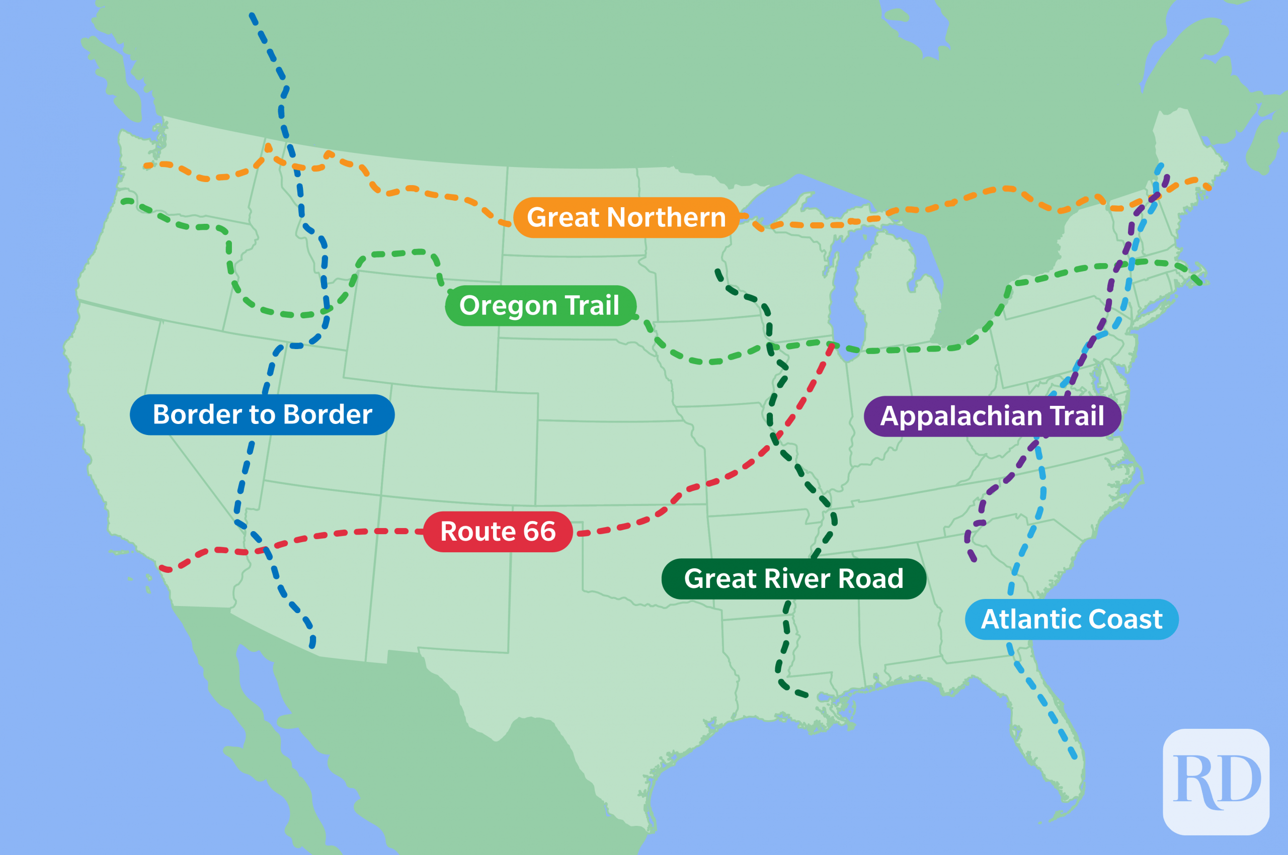 Map of united states with various road trip routes outlined in colorful dotted lines